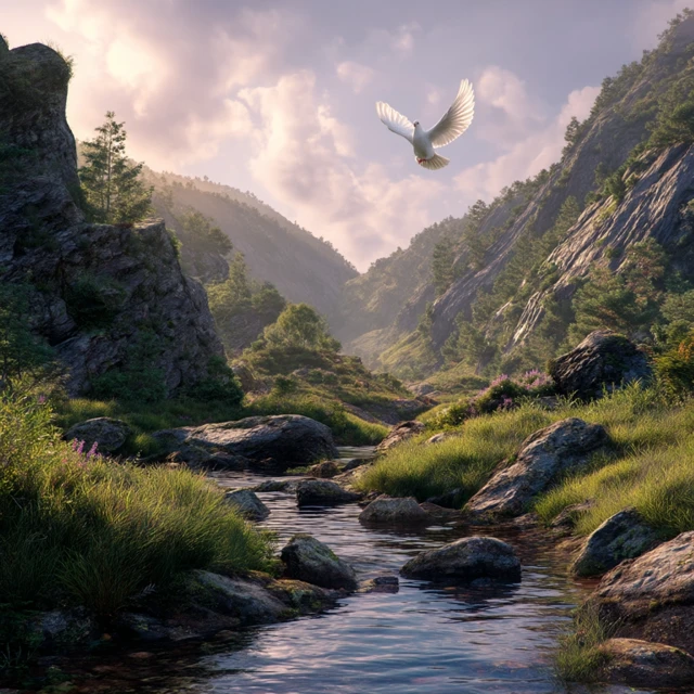 Peaceful Mountain Landscape with Flying Dove