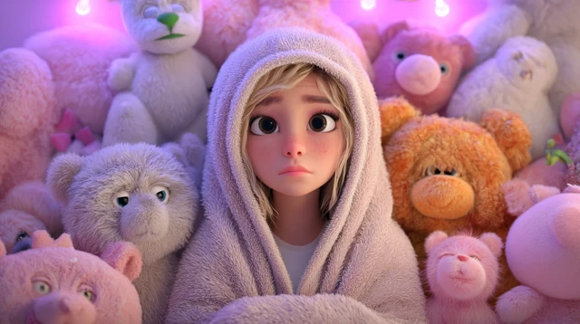 3D Animated Girl in Hoodie Surrounded by Plush Toys