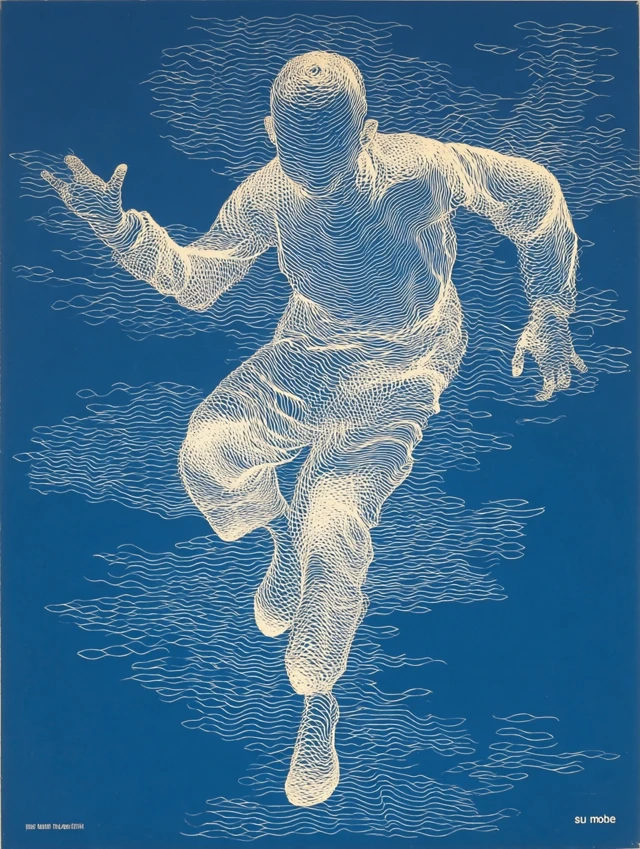 Abstract Human Figure Drawing on Blue