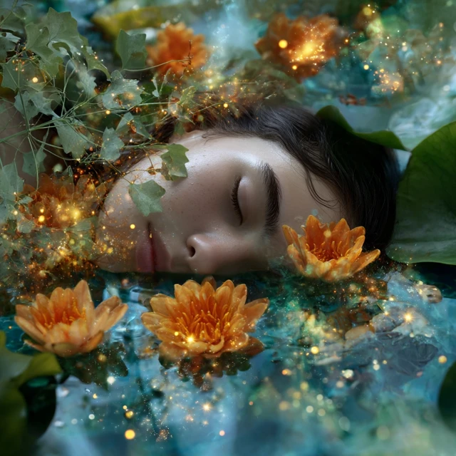 Dreamy Scene: Person in Water with Lilies