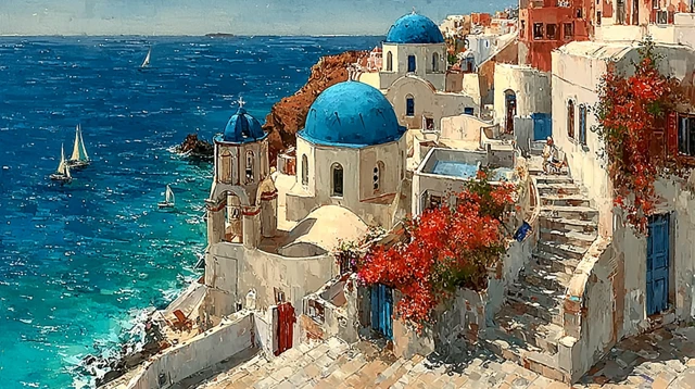 Santorini Greece Watercolor Painting Summer Day