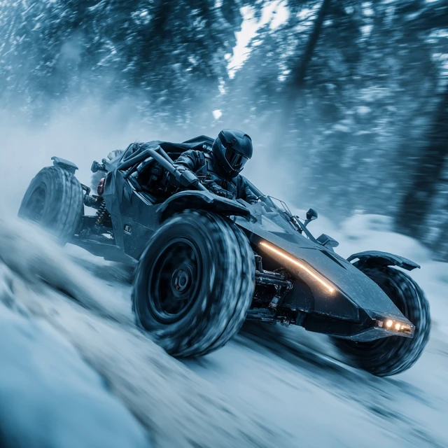 Off Road Buggy Racing Through Snow Covered Forest