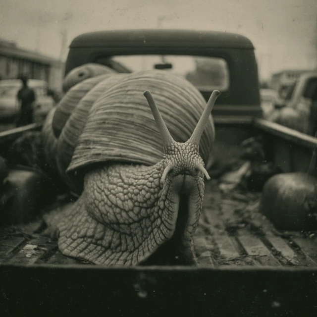 Giant Snail in Truck Vintage Photo