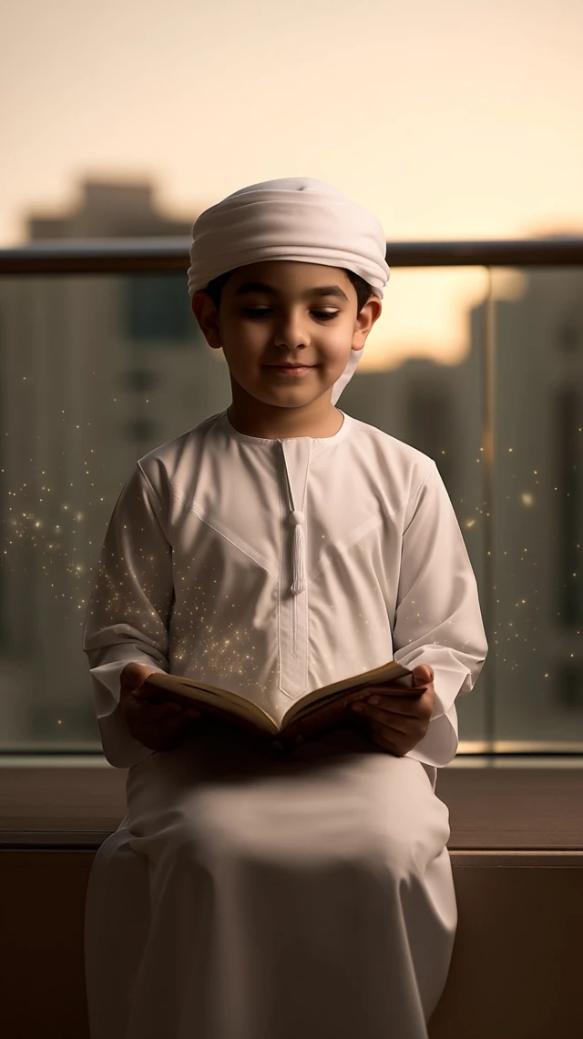 Boy Reading Quran in Sunset Light