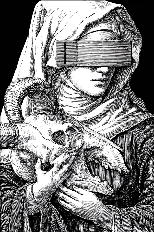 Blindfolded Nun with Ram Skull Black and White Art