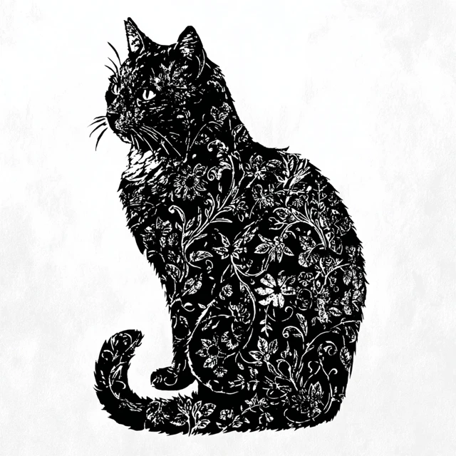 Floral Cat Stencil Black and White Art