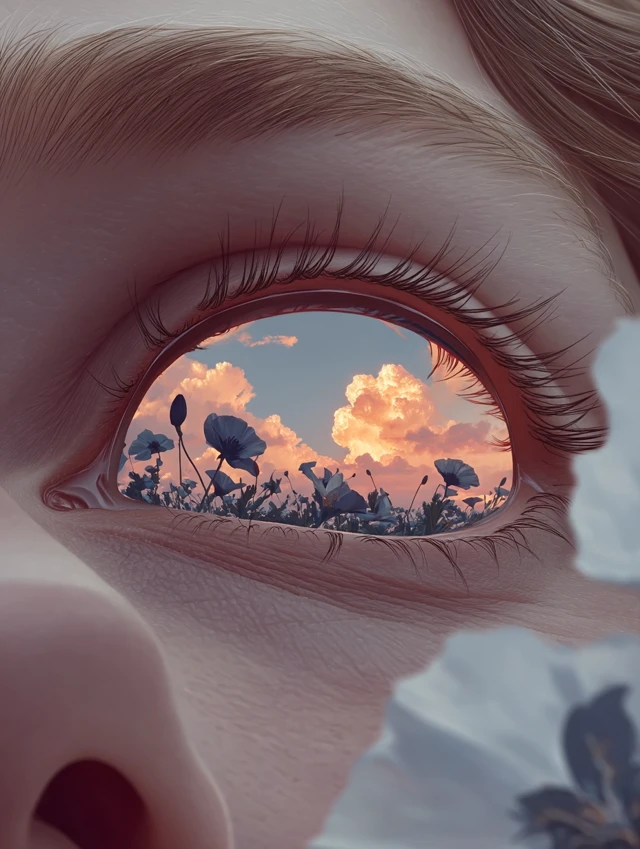 Surreal Eye Reflection: Sunset Poppy Field