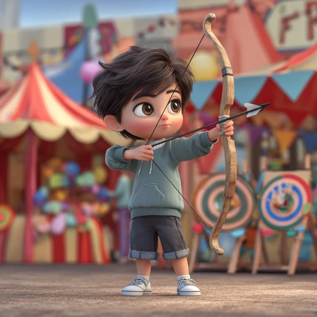 Pakistani Cartoon Boy Archery at Carnival Pixar Style