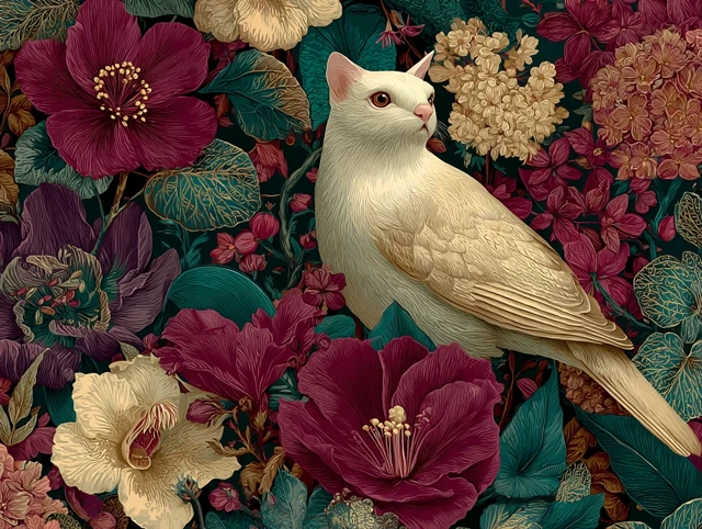 Thai Style Wallpaper with Birds and Flowers