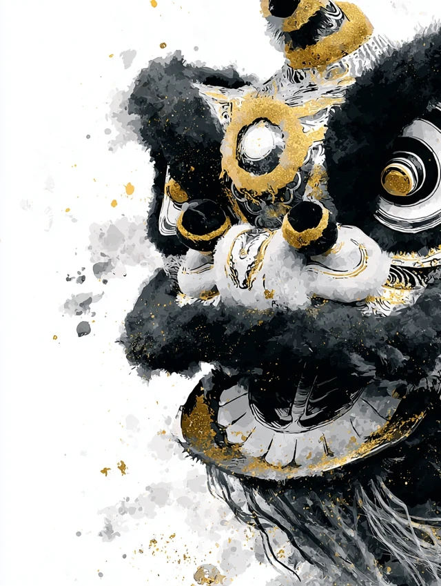 Chinese Lion Dance Ink Painting with Gold Accents