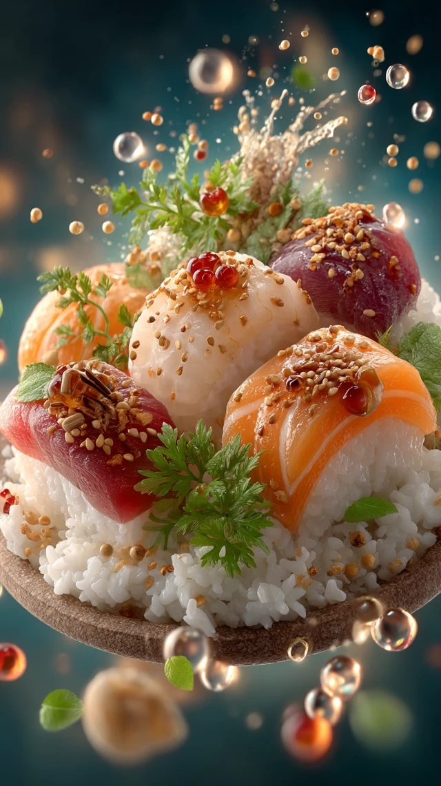 Delicious Sushi Rolls Floating Photography