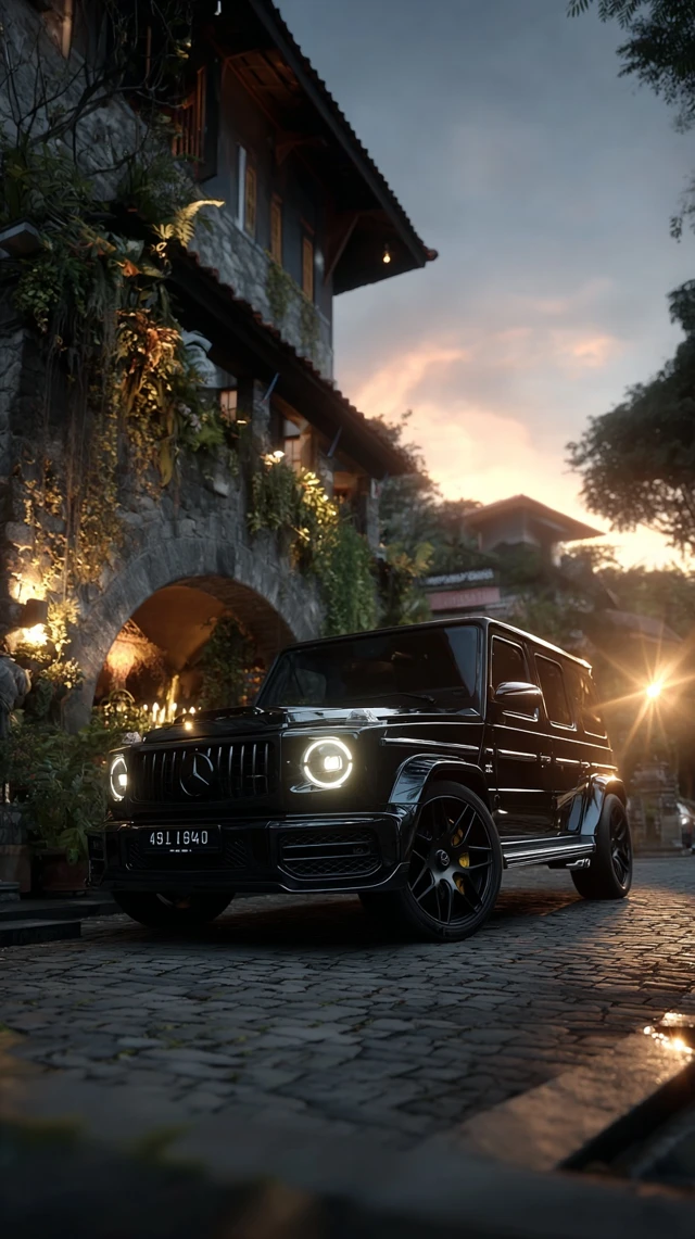 Mercedes Benz G Class Black SUV in City at Sunset