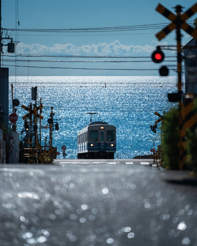 Japanese Train Crossing Road by the Sea