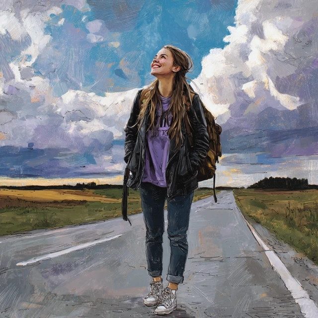 Joyful Girl on Road Realistic Illustration