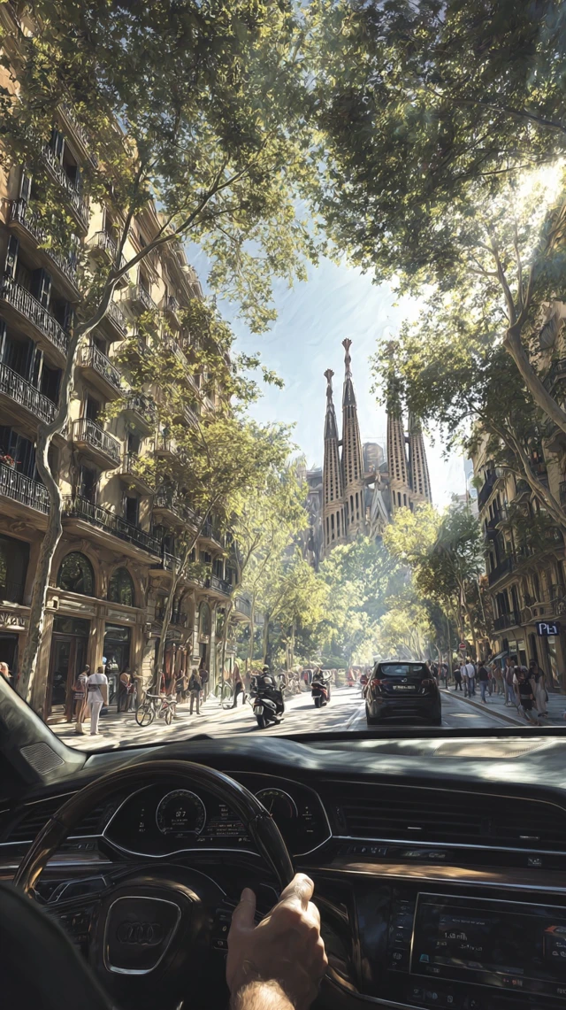 Barcelona Drive View Sagrada Familia Modern Car