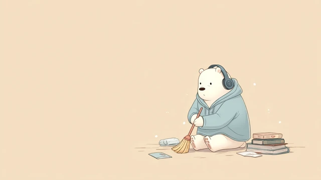Cartoon Bear Sweeping with Headphones Illustration
