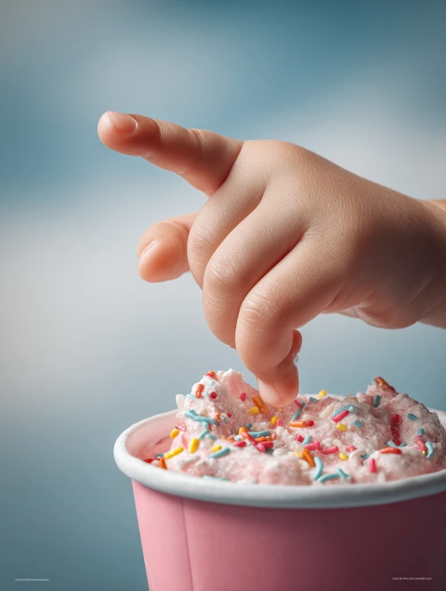 Childs Hand Dipping Finger into Ice Cream Close Up