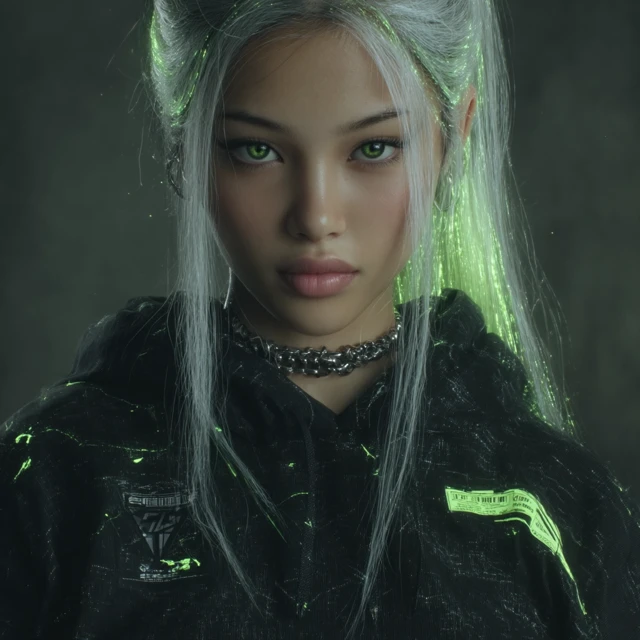 Cyberpunk Asian Girl Neon Eyes and Glitchcore
