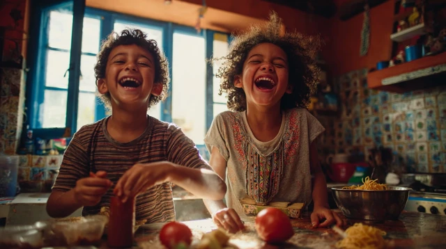 Joyful Brazilian Kids Cooking Spaghetti