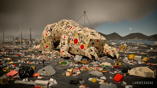 Dystopian Low Poly Bear and Trash Coastline