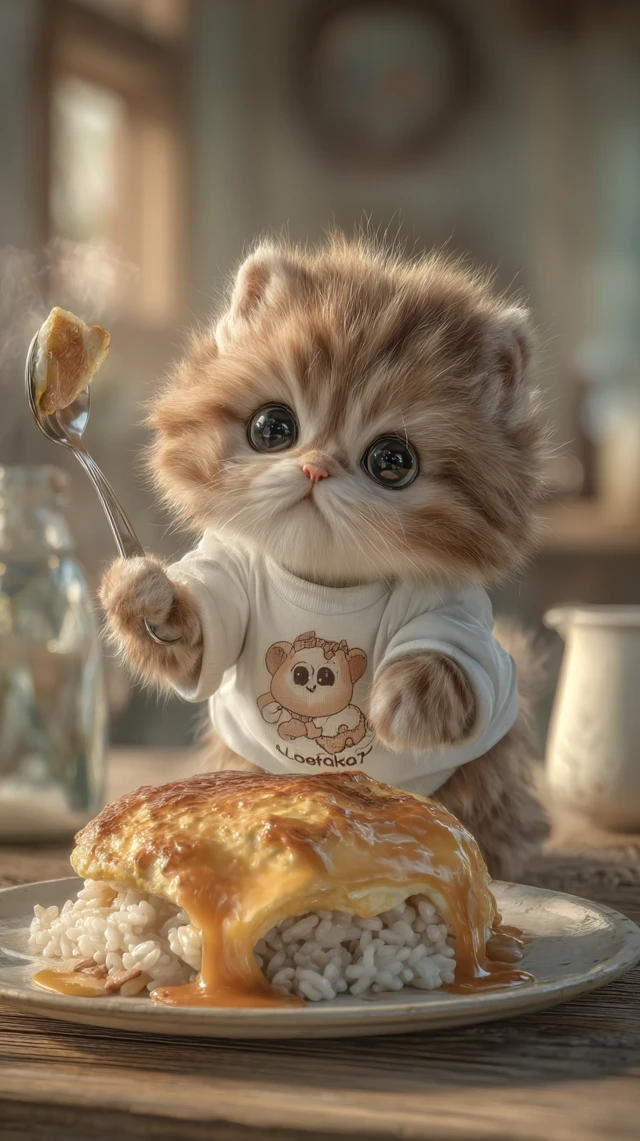 Cute Kitten Eats Omelet Rice Delicious Food Photo