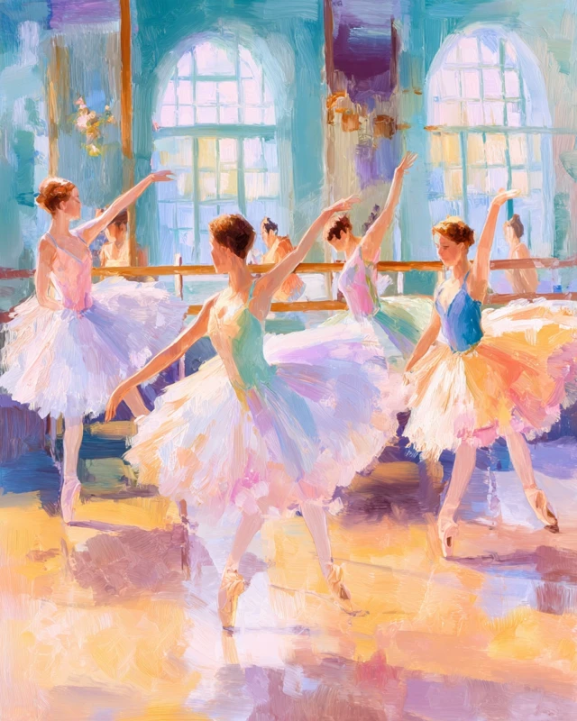 Ballerinas Dancing in Sunlit Studio Impressionist Art