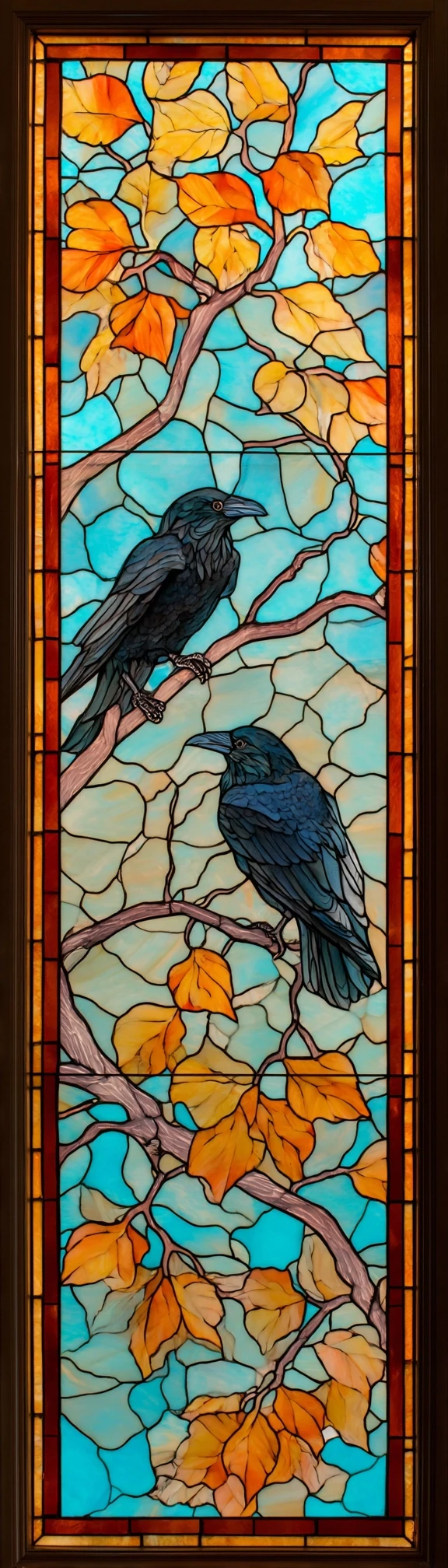 Stained Glass Ravens Branches Blue Sky
