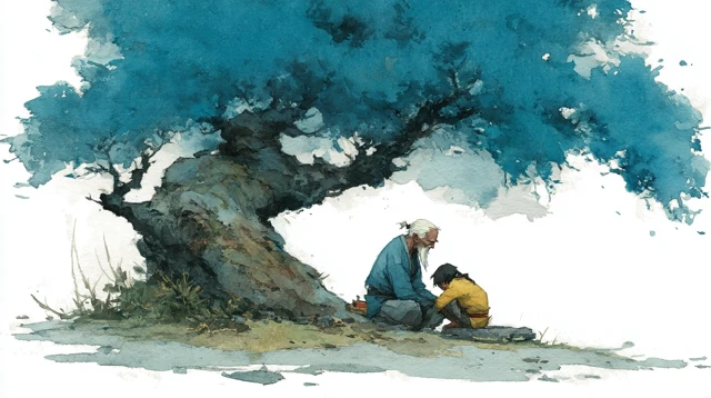 Elder Comforts Under Tree Watercolor Art