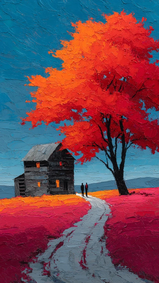 Autumn Landscape Oil Painting Maple Cabin Path