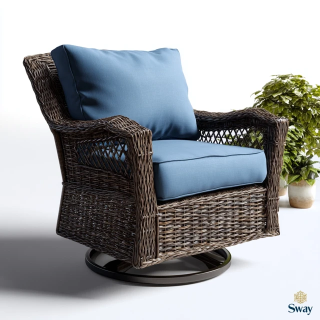 Wicker Swivel Glider Chair with Blue Cushions