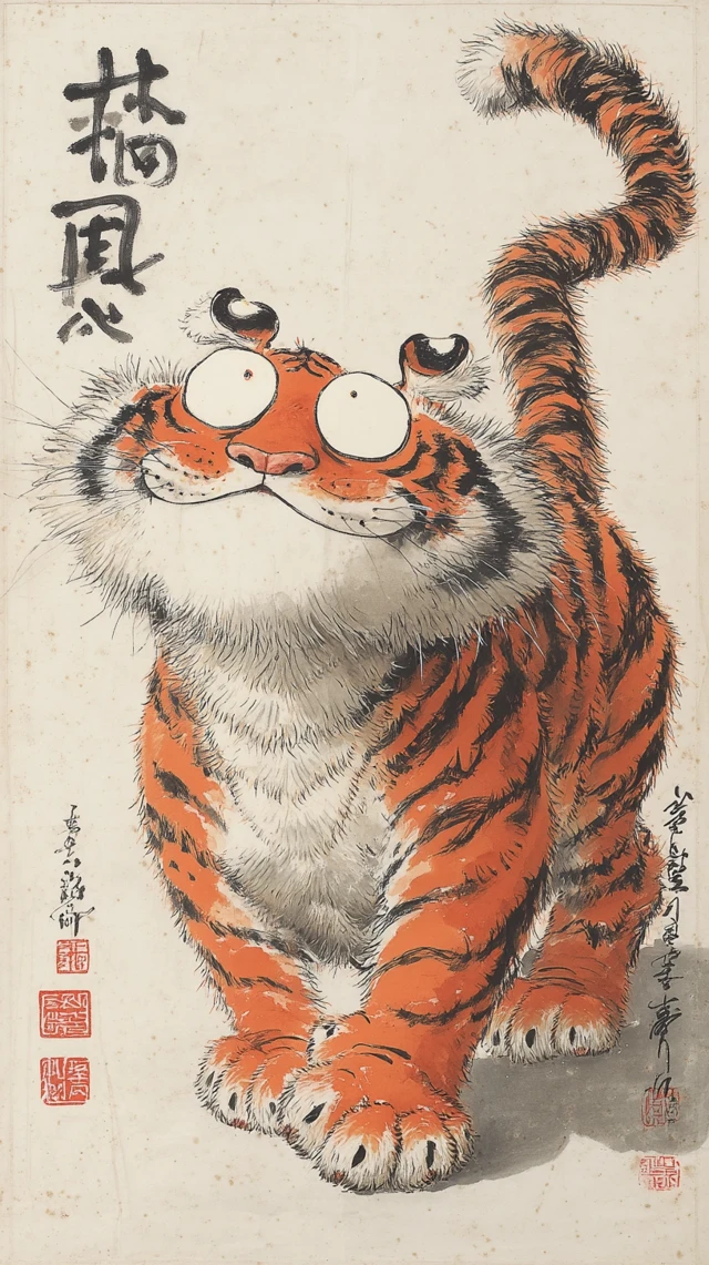 Comical Tiger Chinese Ink Painting