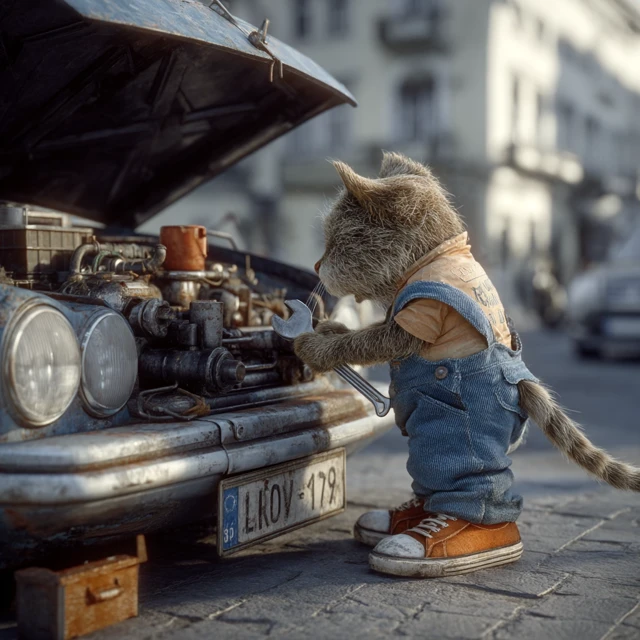 Cat Mechanic Fixing a Mercedes Car Realistic 3D