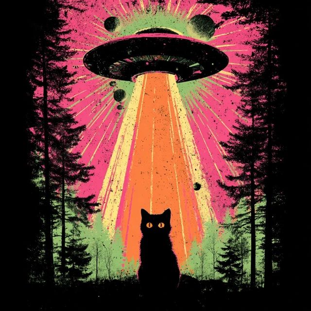Mysterious Cat UFO Forest Vintage Graphic