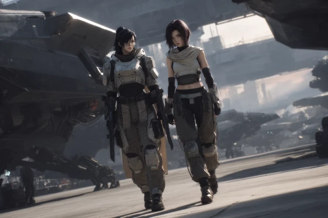 Futuristic Female Warriors in Hangar Scene