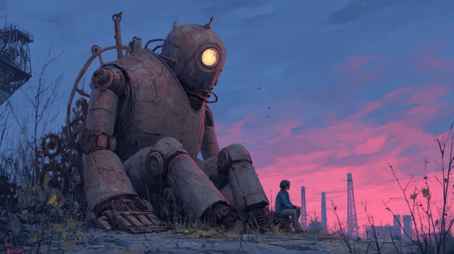 Melancholic Steampunk Golem in a Desolate Wasteland