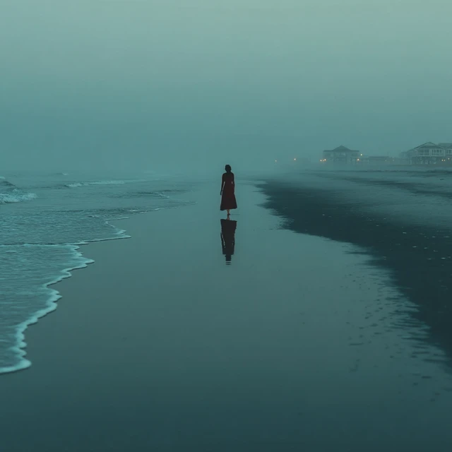 Woman Walking on Beach Misty Day