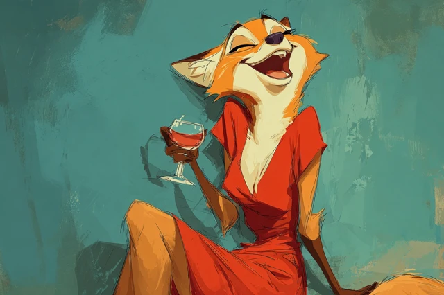 Anthropomorphic Fox Lady with Wine Illustration