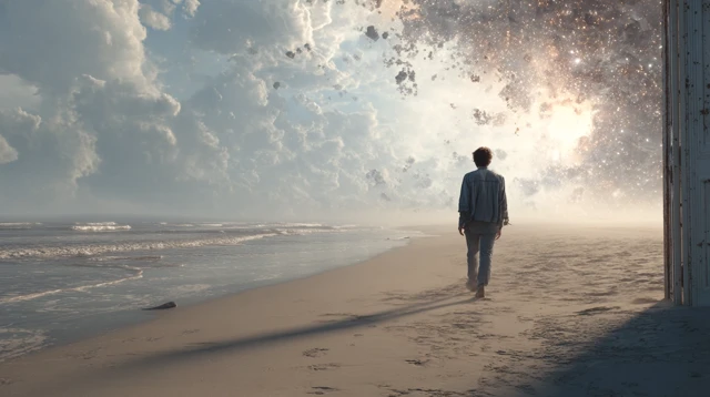 Time Travel Beach Scene Man From Chaos to Calm