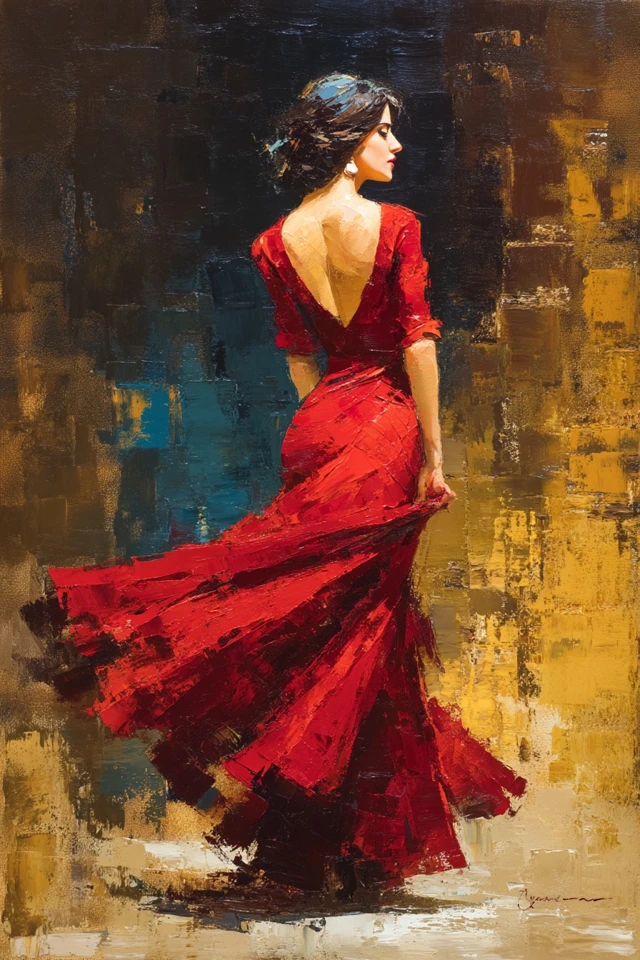 Flamenco Dancer Oil Painting Red Dress Spanish Art