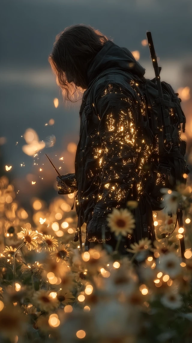 Lone Man in Black Techwear in Glowing Sunflower Field