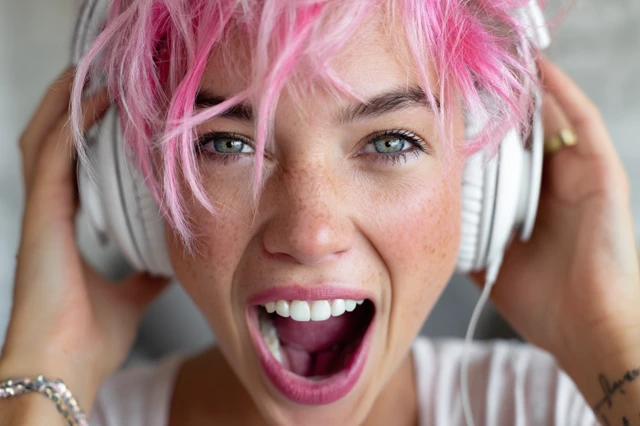 Enthusiastic Young Woman with Pink Hair and Headphones