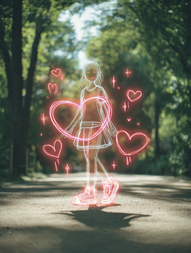 Neon Girl in Summer Park Glowing Heart Art