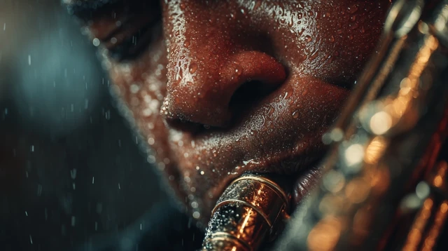 Saxophone Player in the Rain Close Up
