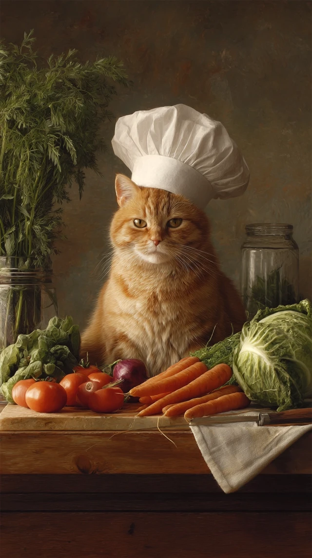 Chef Cat with Fresh Vegetables