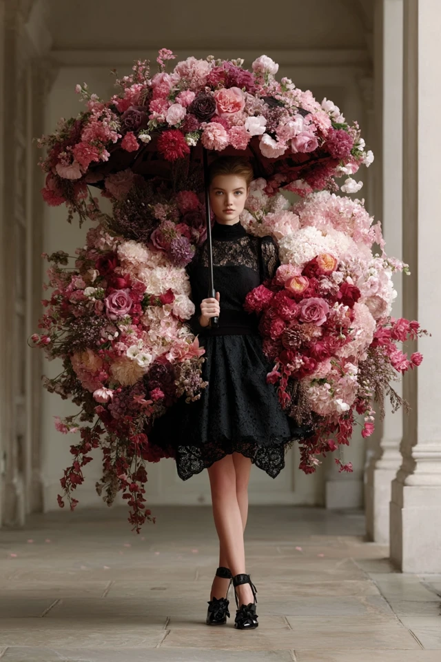 Elegant Woman with Floral Umbrella - High Fashion