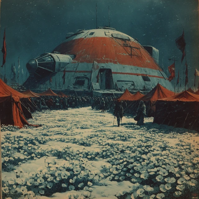 Vintage Sci-Fi: NASA Capsule in Snowy Landscape