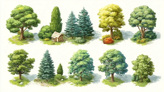 Cartoon Tree Sprites Icons Top View Clean Background