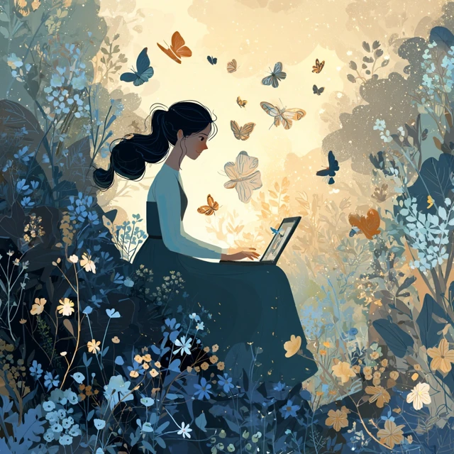 Woman Working in Garden with Butterflies and Flowers
