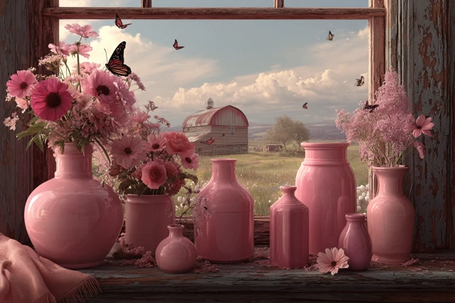 Pink Vases Flowers and Butterflies Countryside View