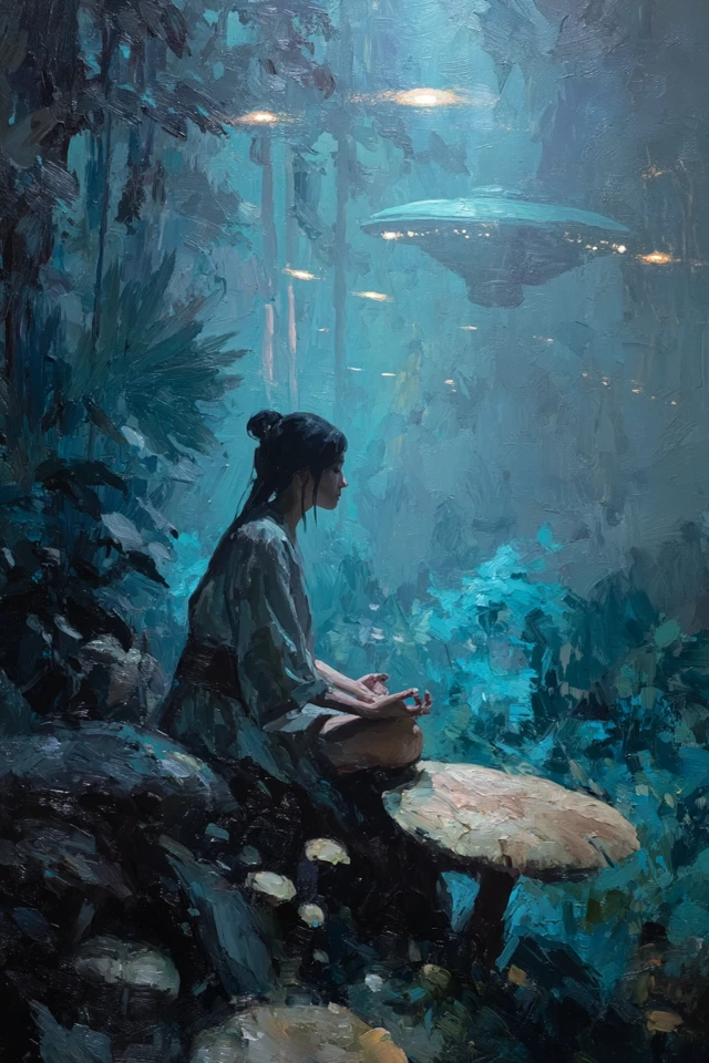 Mystical Oil Painting Woman Meditating Jungle UFOs
